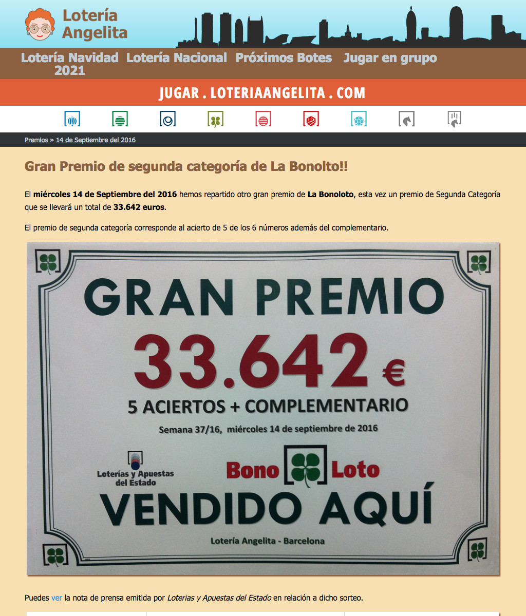 Gran premio de la Bonoloto, vendido aquí, en Lotería Angelita.